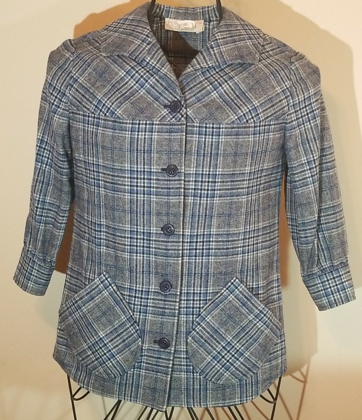 Vtg Pendleton Womans Jacket/Blazer Blue/Gray/Black Check 3/4 Sleeves Sz 4-6 EUC