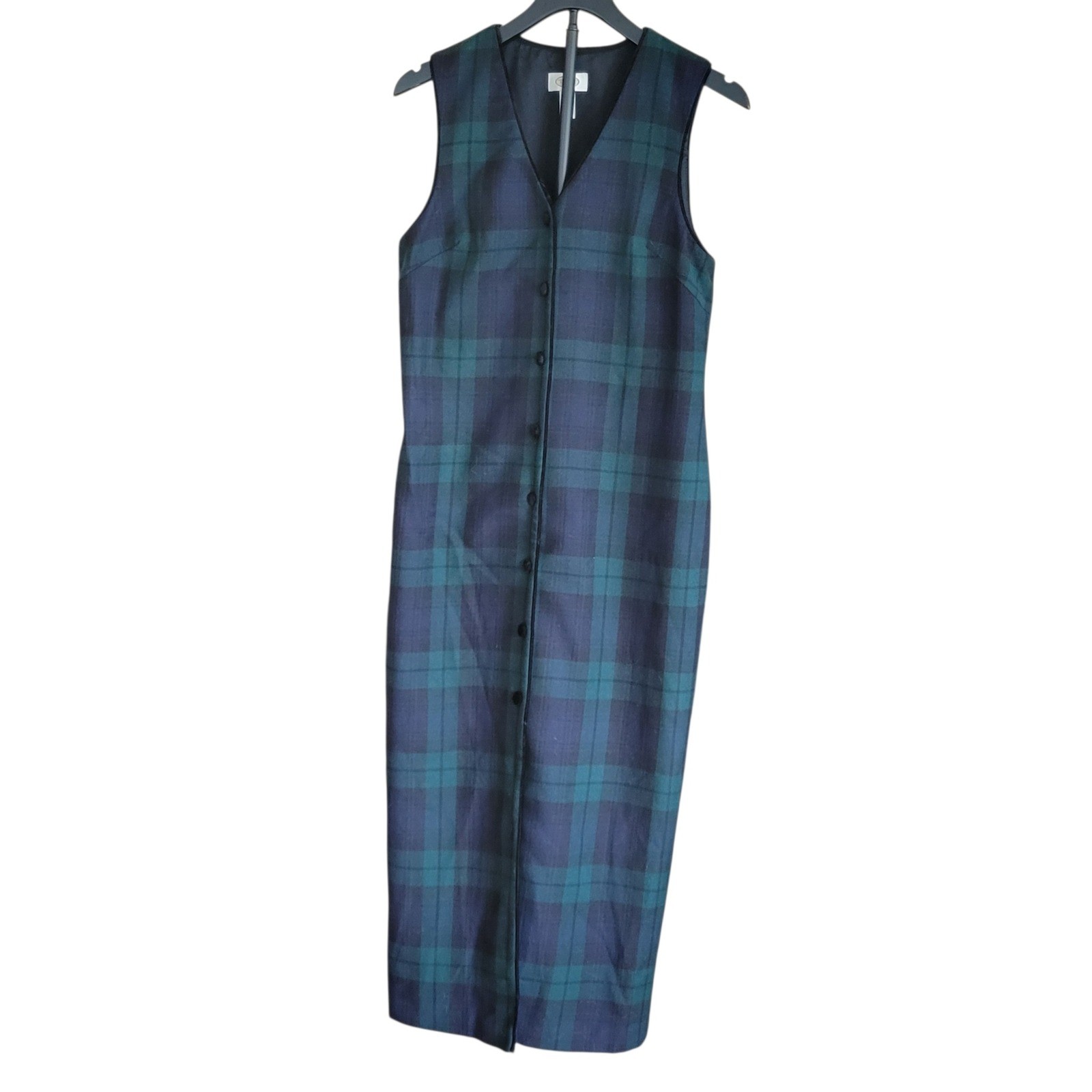 VTG Talbots Women Maxi Dress Sz 4 Wool Black Watch Plaid Velvet Trim Green Navy
