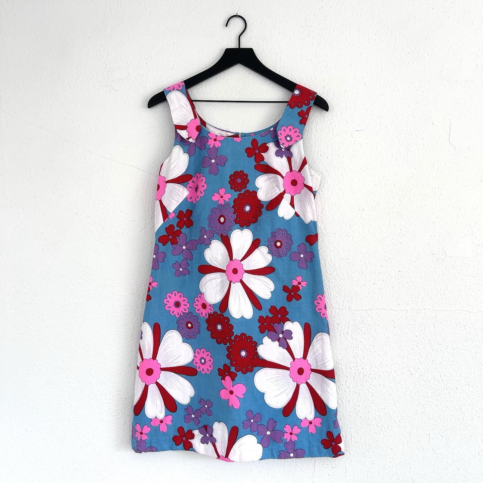 Vintage 60s barkcloth cotton mod dayglo mini dress Hawaiian psychedelic Aloha