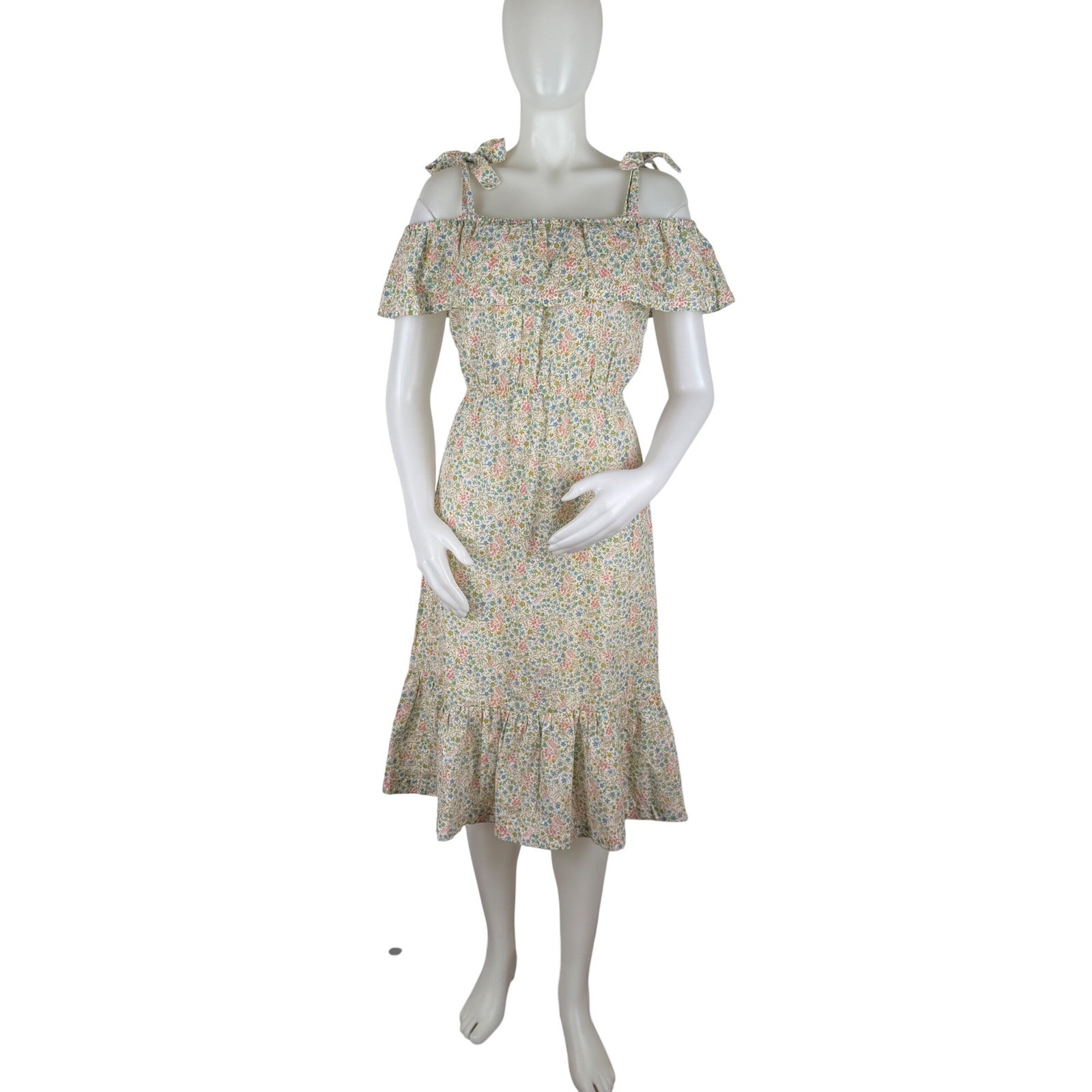 Vintage 70s 80s Floral Off Shoulder Midi Dress Cottagecore Size 11