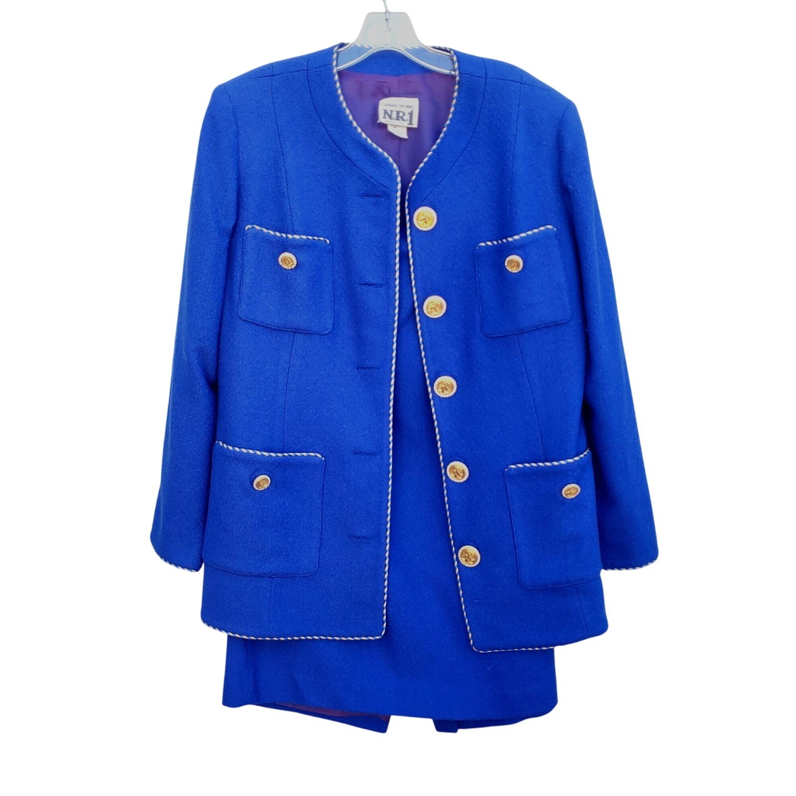 Vintage 80s Electric Blue Wool Power Skirt Suit L XL Rhinestone Buttons