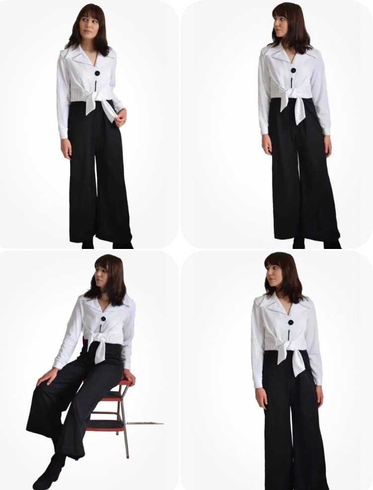 VTG 60s Mod Black & White Jumpsuit Palazzo Wide Leg Pants White Blouse USA Sz 14