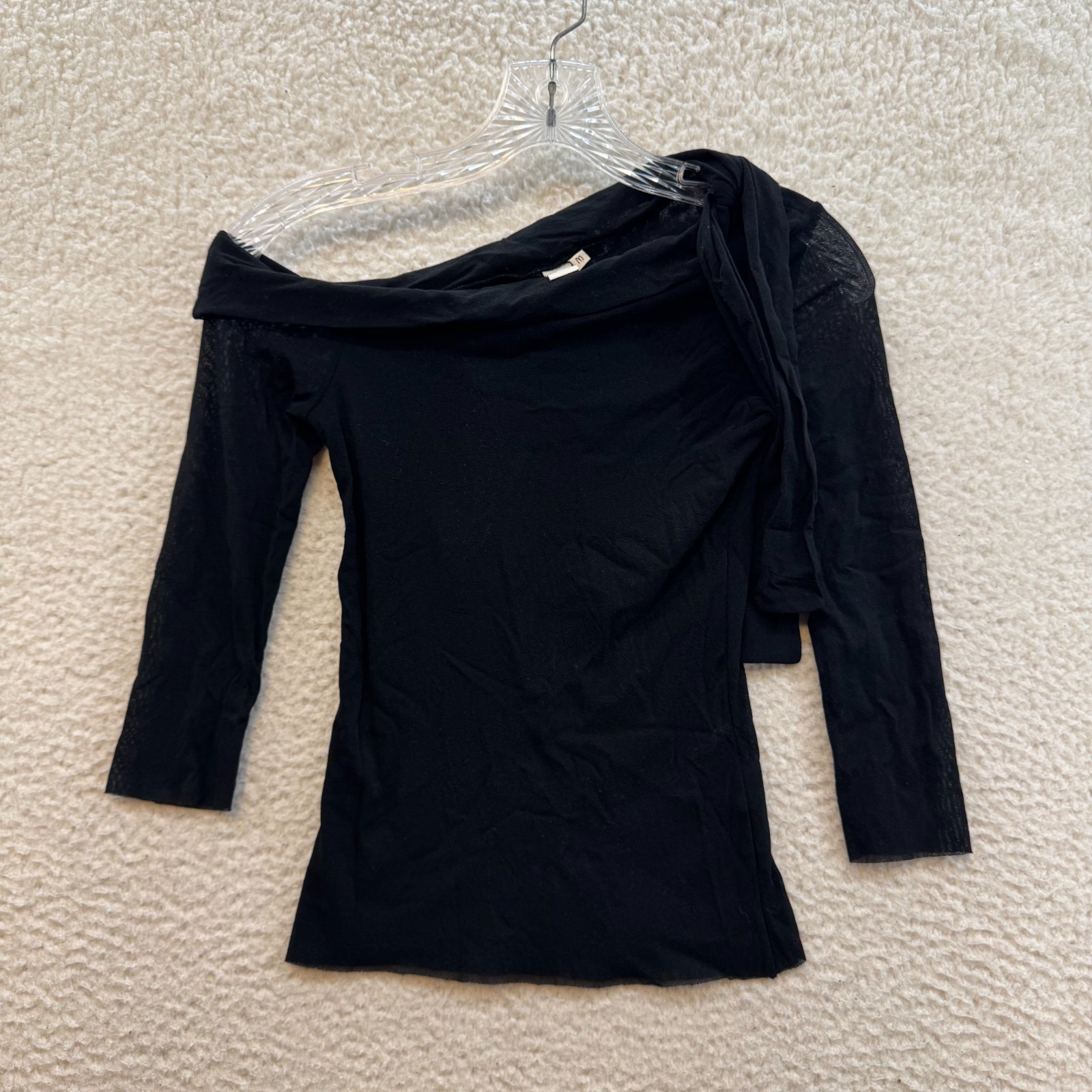 90s Y2K Vintage Top XS Small Black Mesh Off Shoulder Fairy Corpcore Office Siren