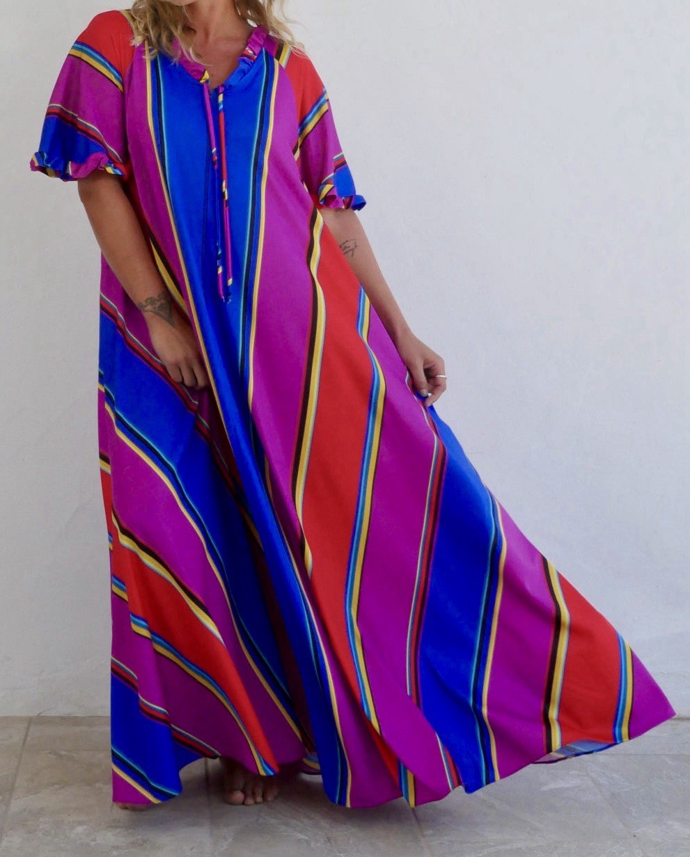 HTF Vtg 70s Tiger Lily Rainbow Maxi Caftan Flowy Ruffles Zip Polyester *READ