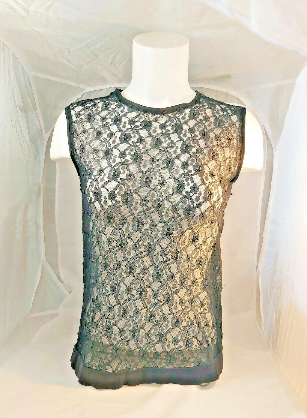 Antique vintage Handmade Black Lace Sleveless Blouse Top embellished