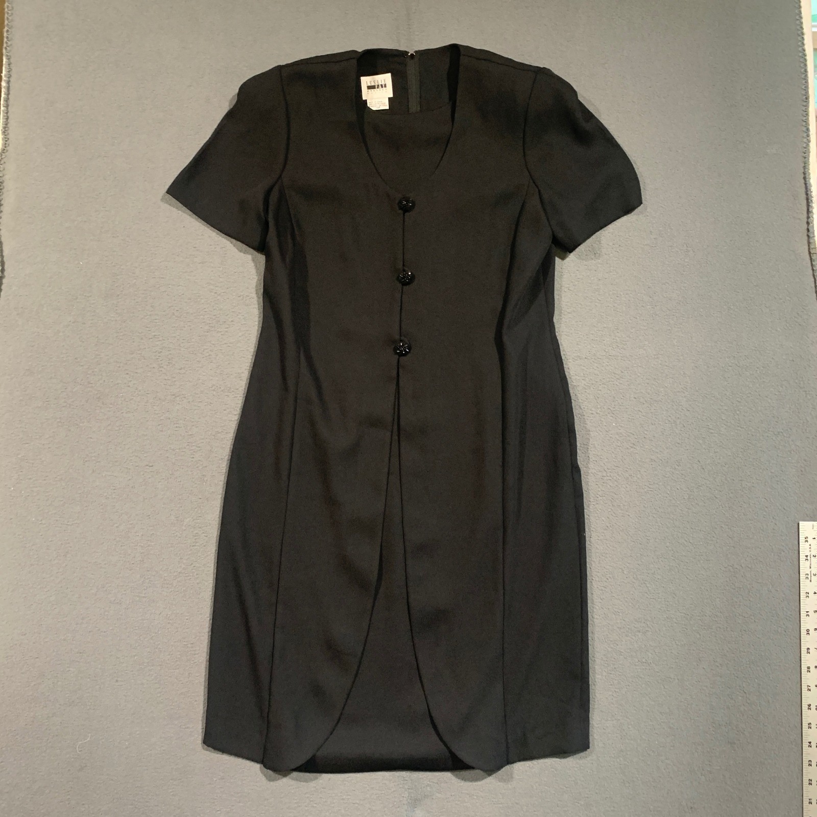 Leslie Fay Dresses Petite 10P Black Sheath Vintage 90s Beaded Button SS LBD