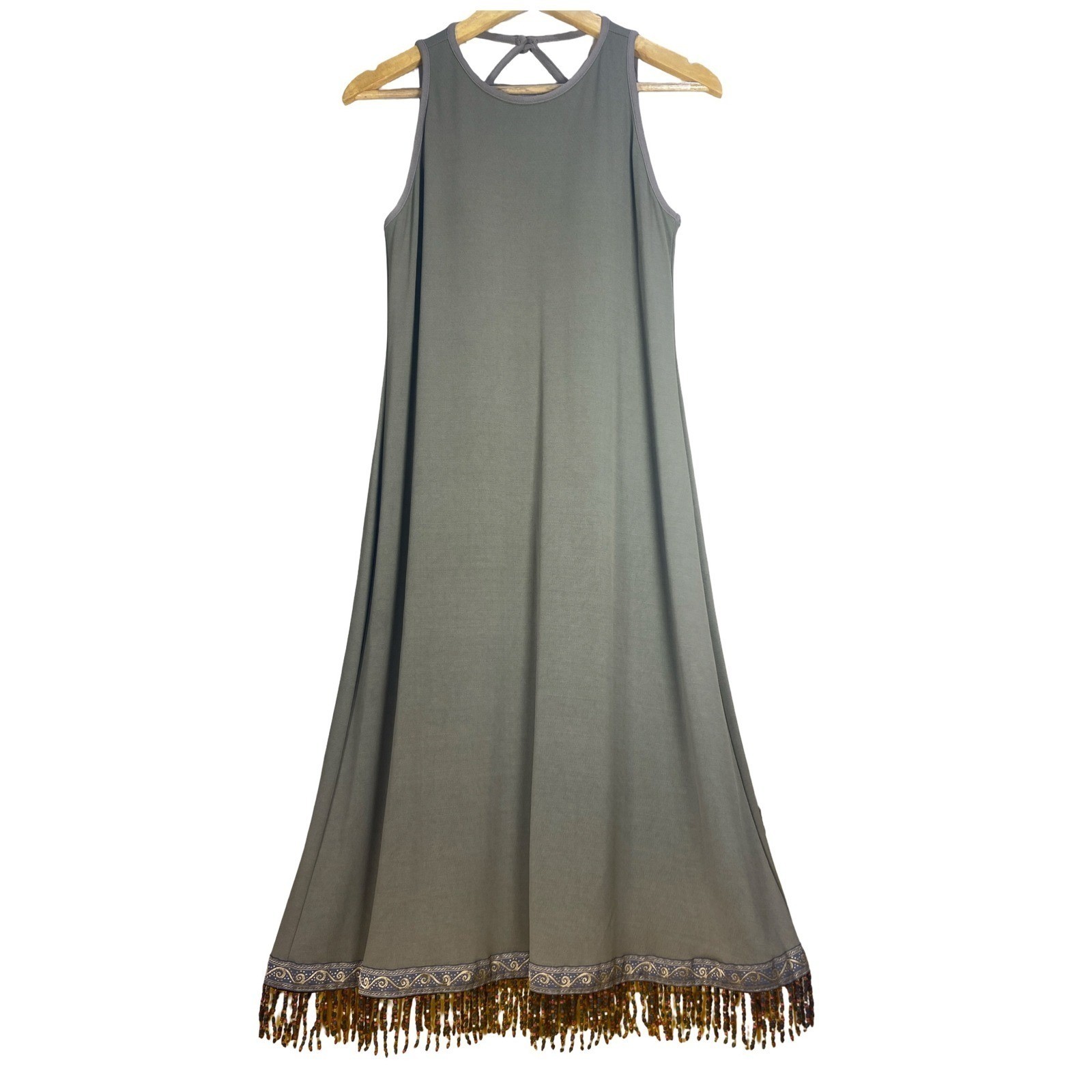 Vintage Barbara Lesser Boho Beaded Fringe Midi Shift Dress Keyhole Back M earthy