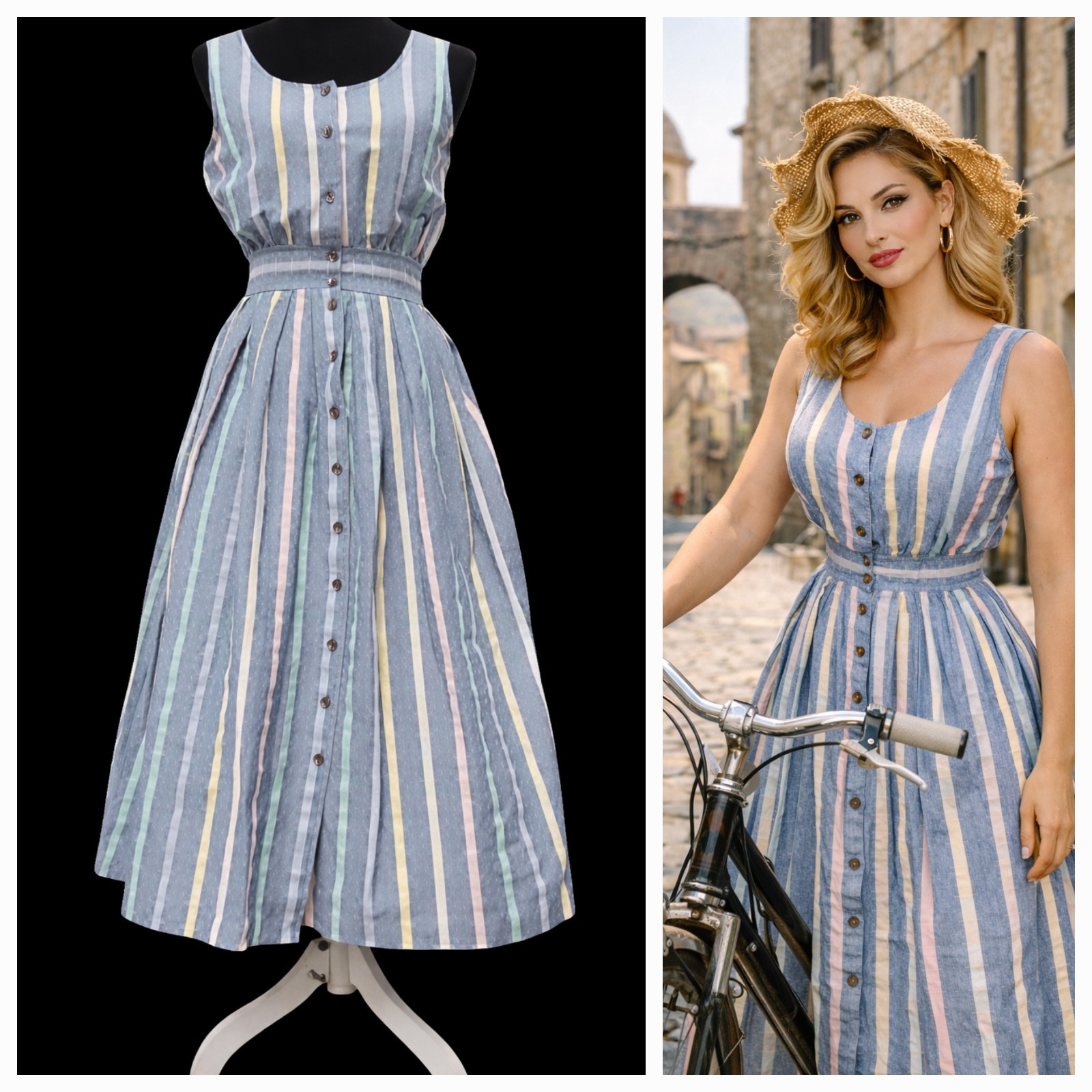 VTG 80s Pastel Stripe Sundress Blue Cotton Button Front Midi Cottage 9/10
