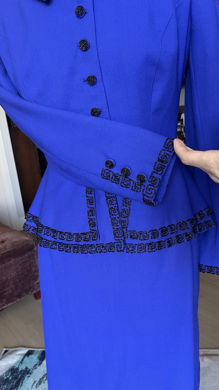 VTG 90s Purple Blue Wool Skirt Suit Set Bead Embroidery Peplum Jacket Size XS