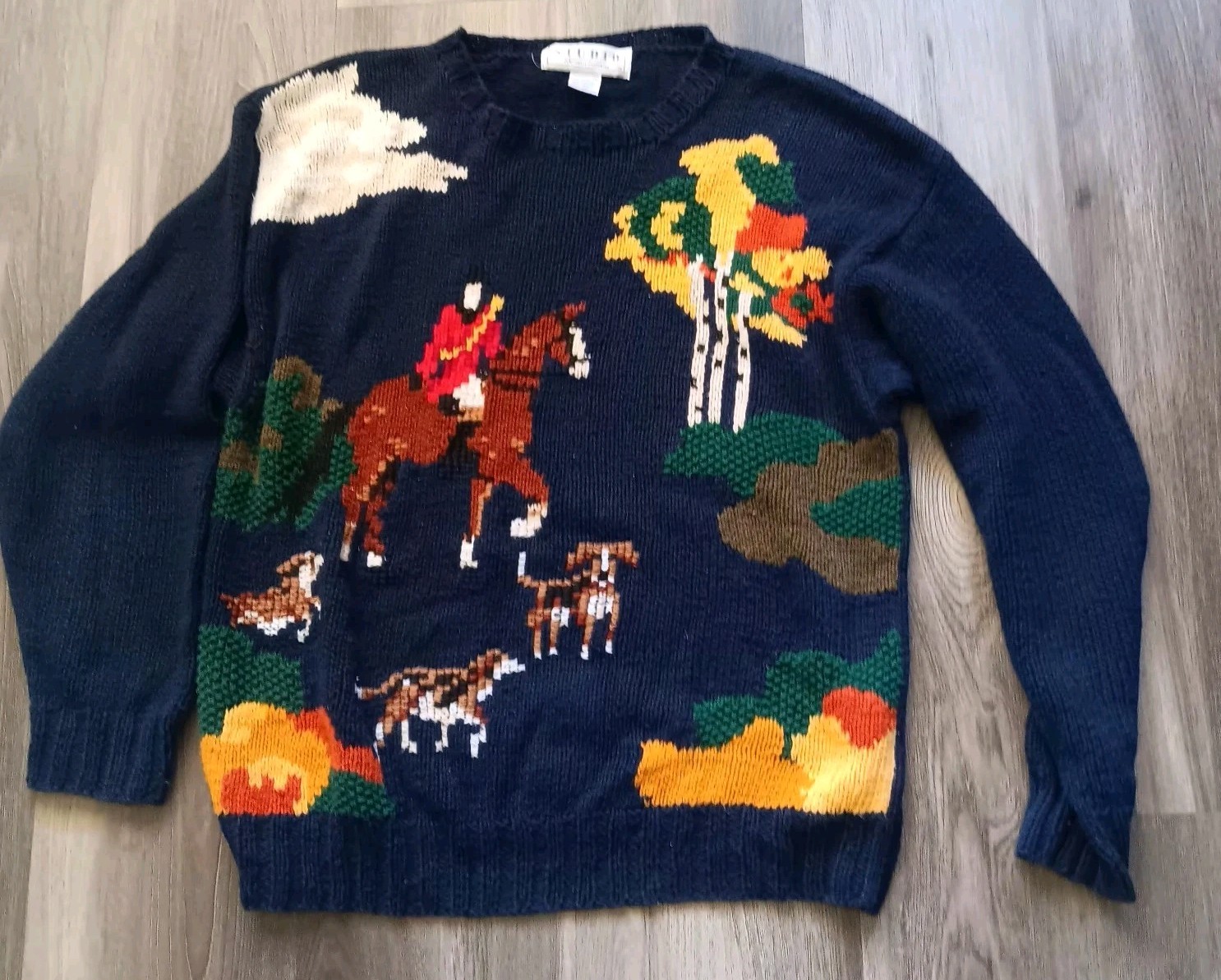 Vintage 80s 90s Equestrian Sweater Horse Hunting Dogs Studio Michelle Stuart M
