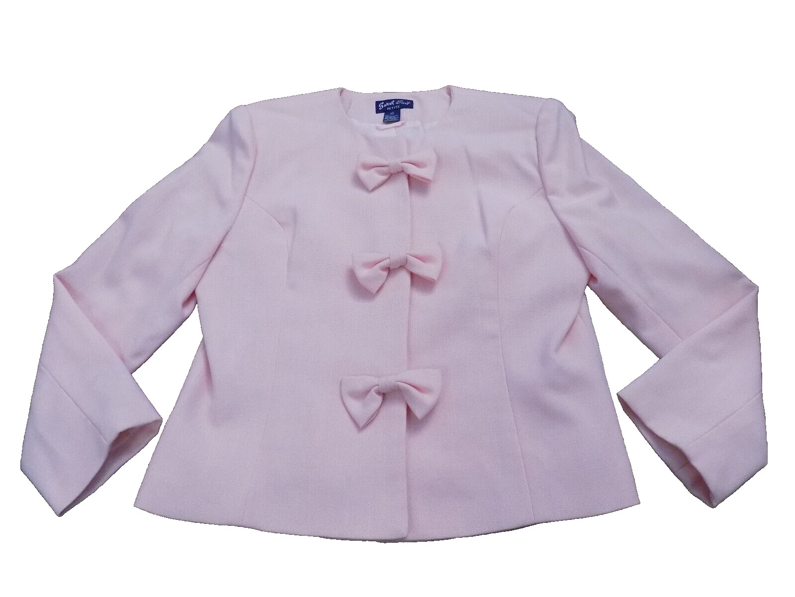 Vtg 70s Light Pink Sweet Suit Petite Blazer Jacket 3 Bow front ADORABLE 14P VGC
