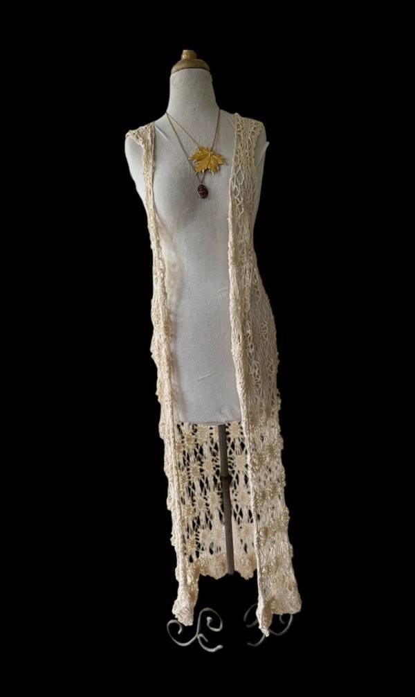 Vtg Krochetta Ivory Long Crochet Duster Vest Sz L Boho Festi 90s Y2k