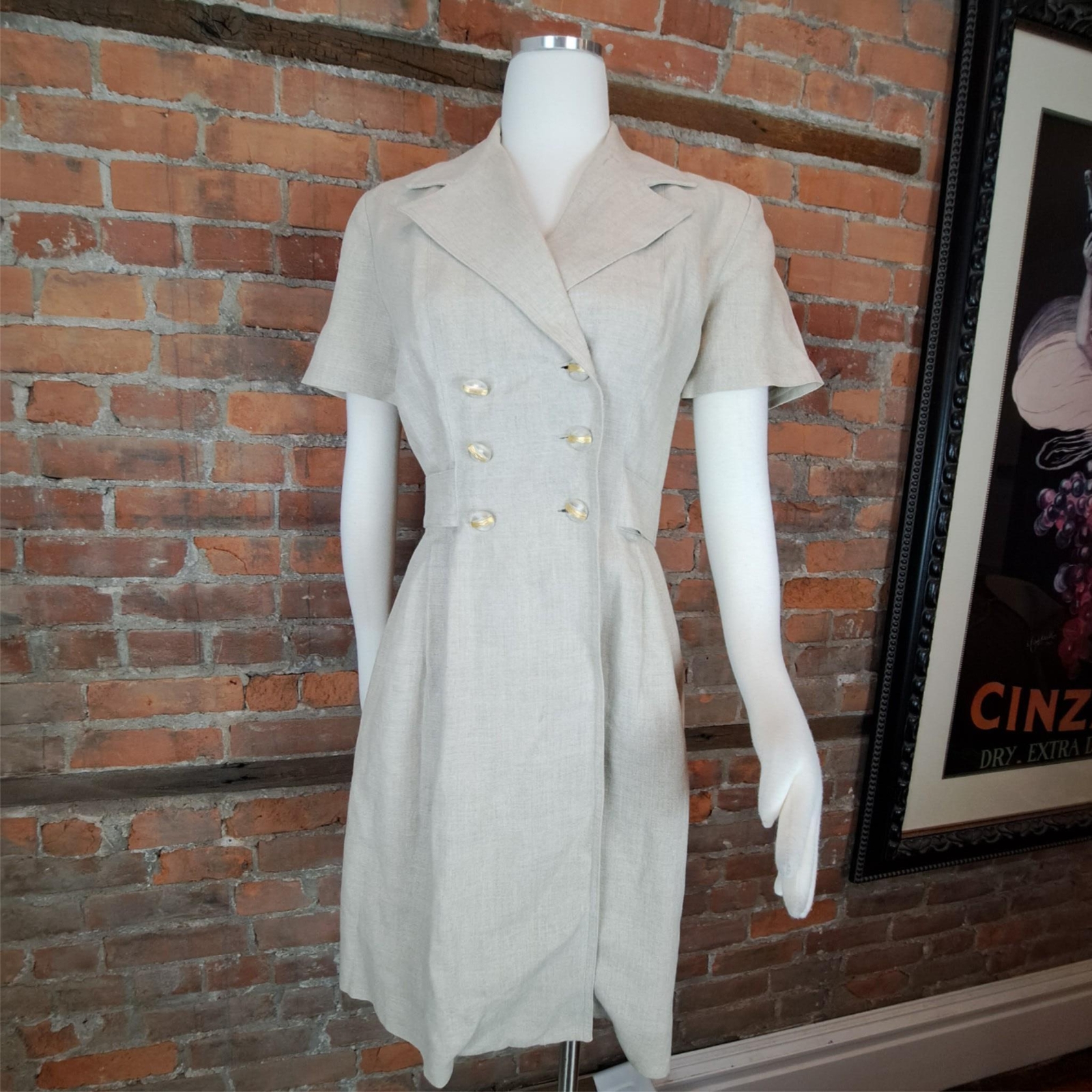 Chetta B Noviello Bloom Tan 6 Coat Dress Double Breasted Linen Pockets Size 6