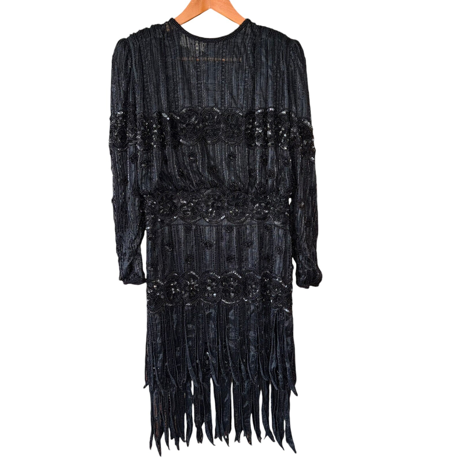Vtg 80s Judith Ann Creations Cache Flapper Style Full Beaded Dress Black Small