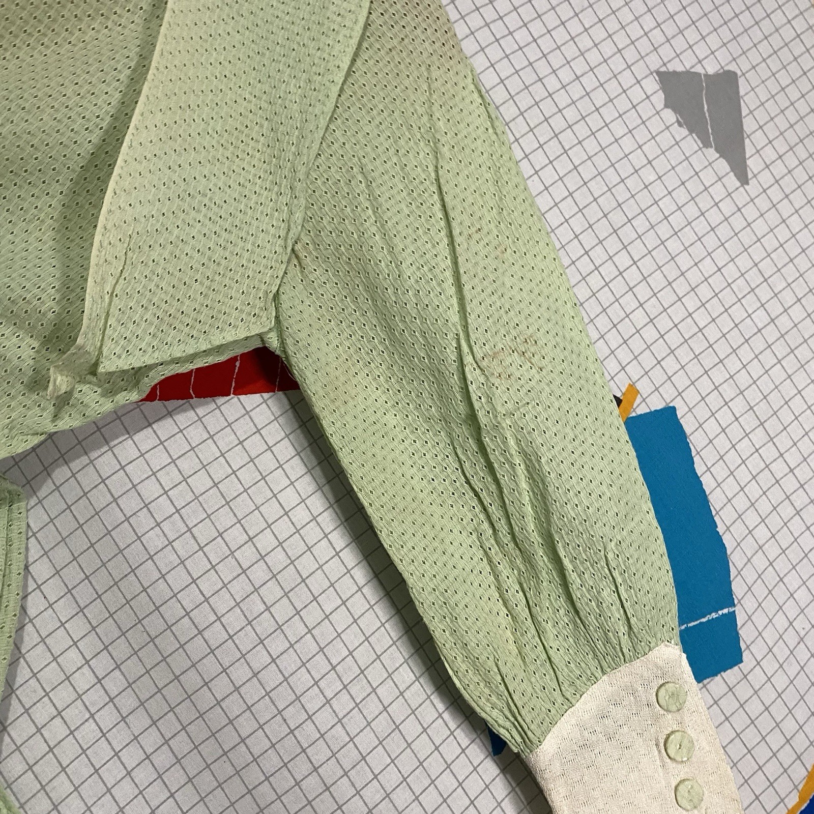 Vintage 1910s Blouse Eyelet Lace Green Cotton Sheer Victorian Edwardian Ties 20s