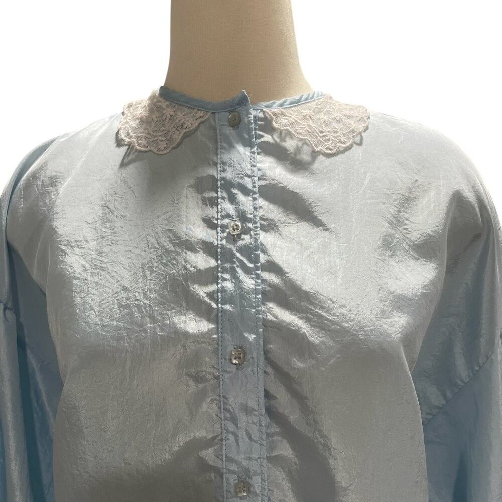 Vintage Light Blue Blouse L Lace Peter Pan Collar Cottagecore Romantic Coquette