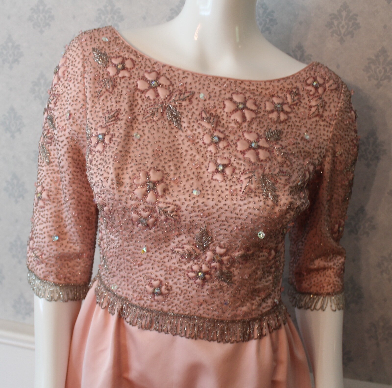 Vintage 1960s Pink Satin and Silver Beaded Victoria Royal Ltd. Hong Kong Gown