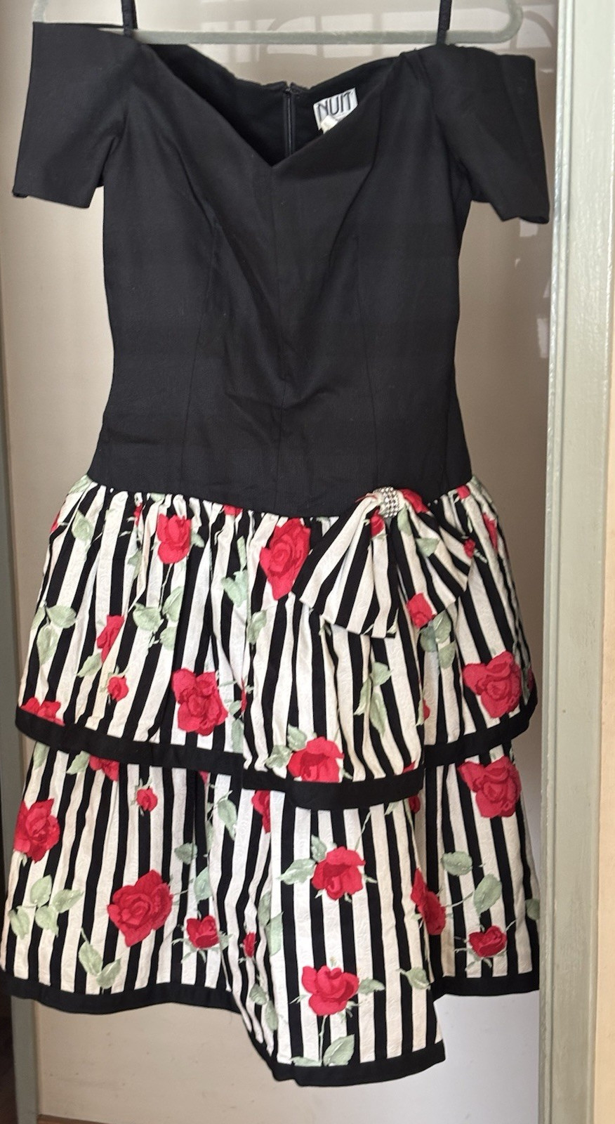 Vintage I. Magnin NUIT, Black White, Rhinestone, knee length, zip