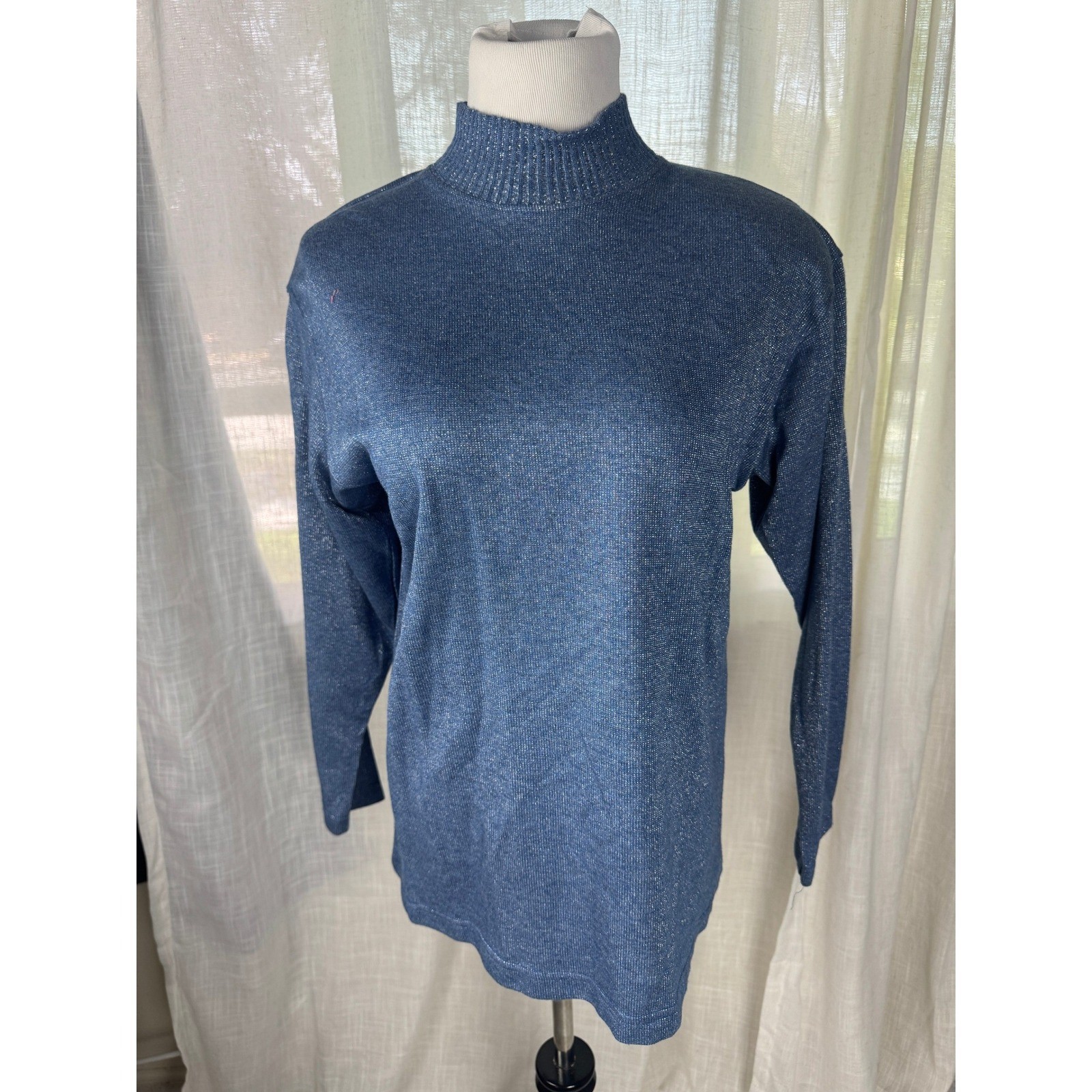 Vintage Blue Metallic Mock Neck Long Sleeve Knit Top Shimmer NWT 90s Broadway