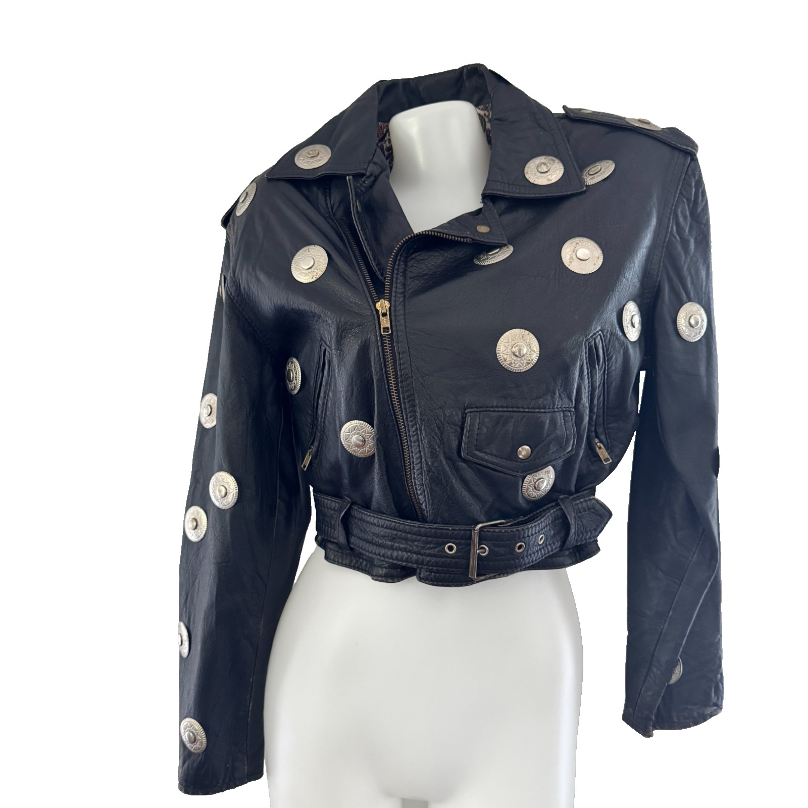 80s vtg VERA PELLE Cropped STUDDED Metal Black Leather Biker Jacket Tuareg 40 S