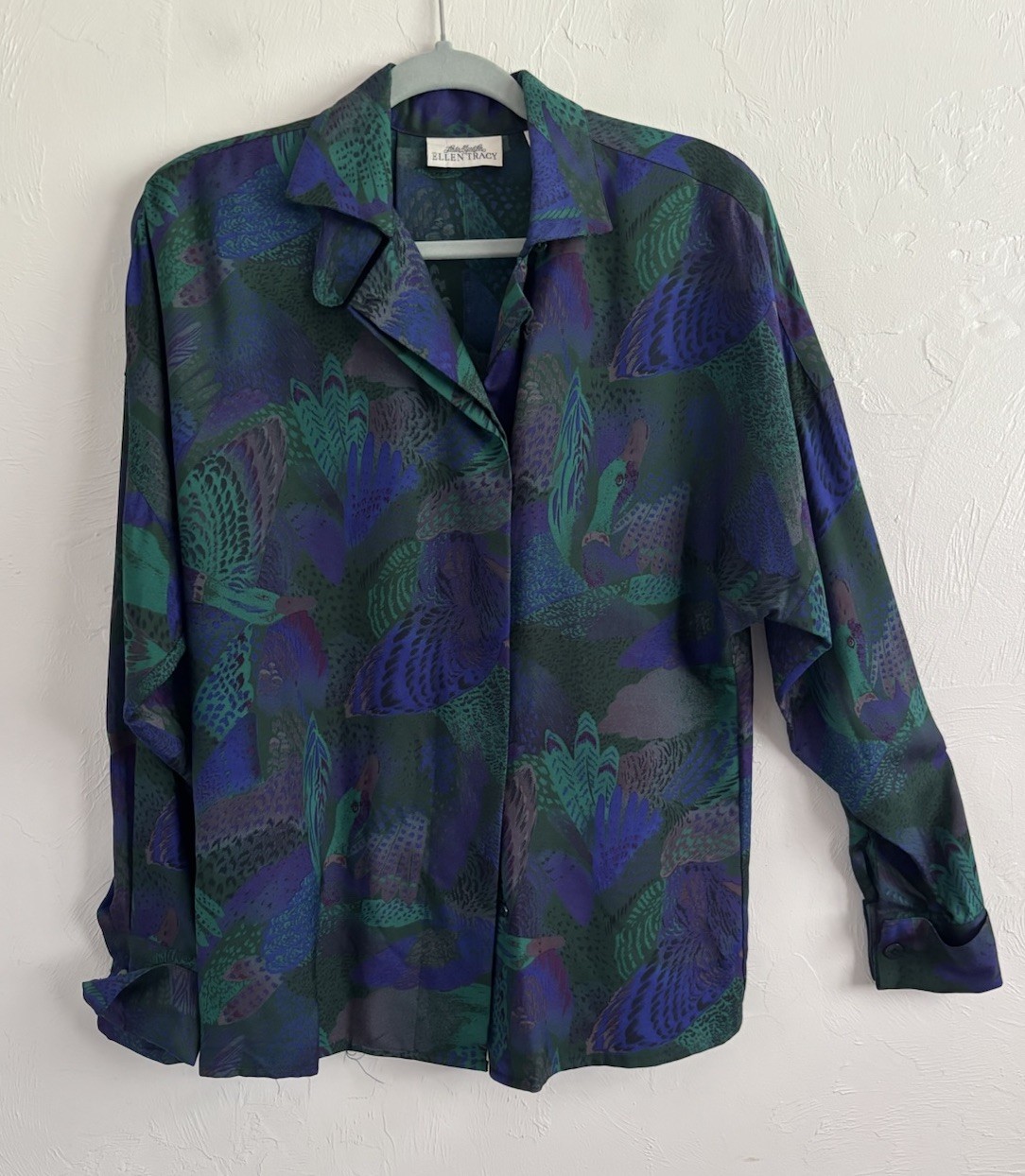 Vintage ’80s Ellen Tracy 100% Silk Floral & Mallard Ducks Button Blouse Top Sz 4