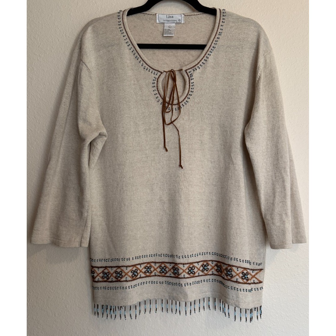 VTG Lisa International Women’s Sz L Beaded Tassel Top Oat Western Cotton Linen