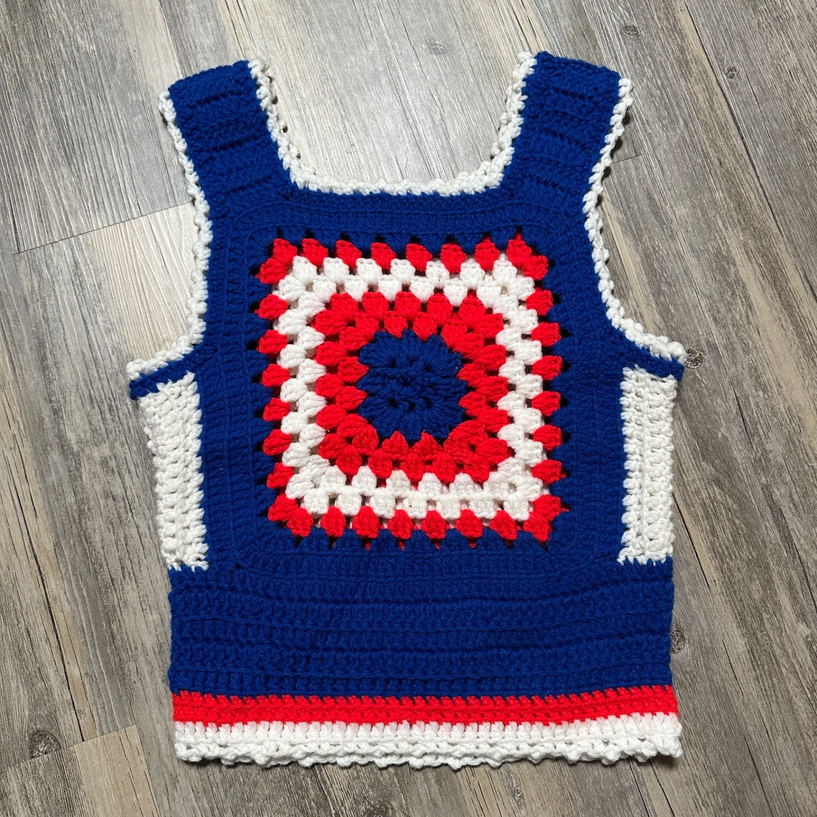 Vtg 1970s Handmade Crochet Vest Tank Cropped Red, White, and Blue Granny Square
