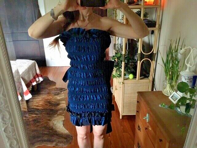 True Vintage 1980s L A Glo Shimmery Midnight Blue Stretch Tube Dress w/Big Bow