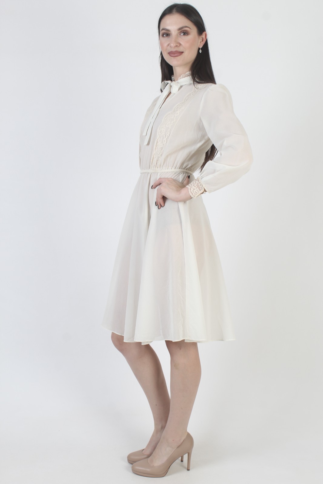 Vintage Sheer Cream Secretary Dress Cocktail Party Plain Monochrome Knee Length