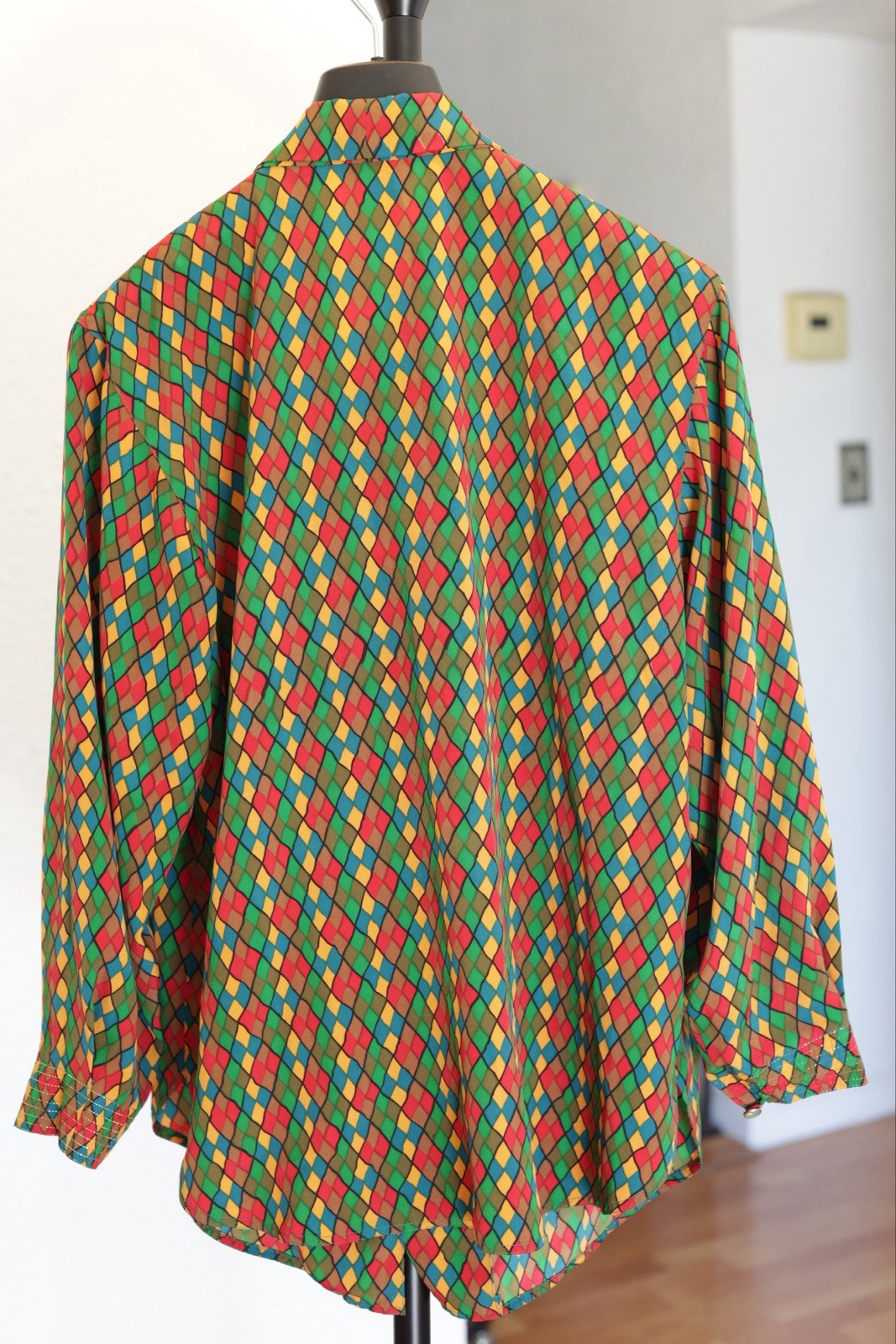 Vintage Multicolor Geometric Pattern Bow Tie Neck Blouse size M-L