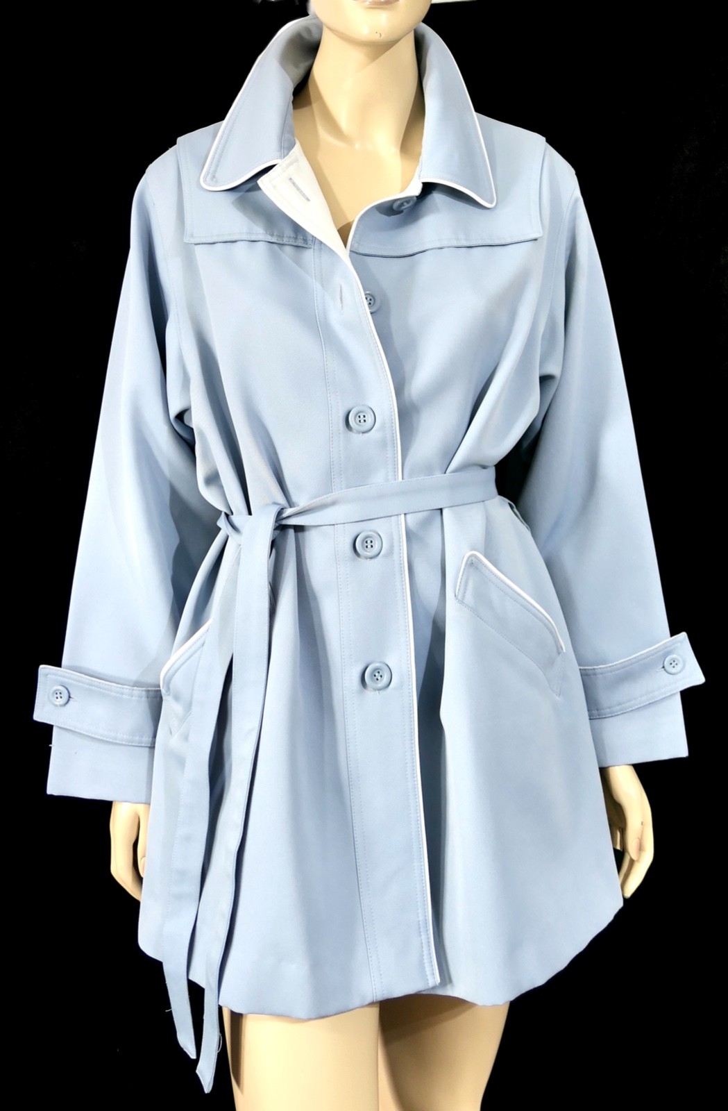 Retro Vintage 70s Blue Gray Belted Polyester Coat Light Sz XL 18.5
