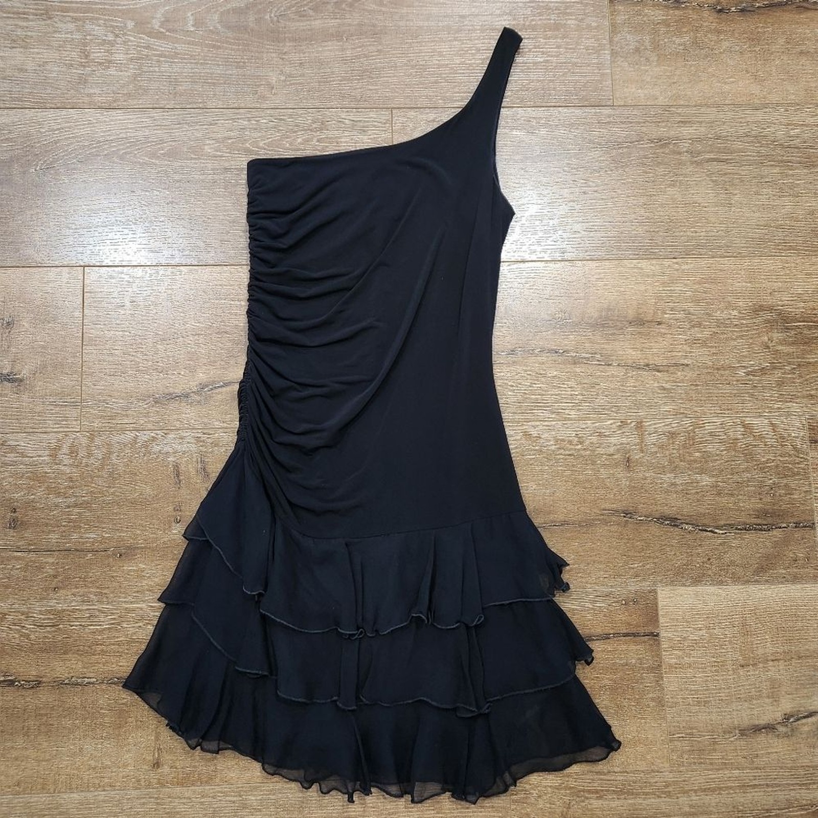 Vtg Y2K Bebe One Shoulder Ruched Tiered Fairy Black Mini Dress Med whimsygoth