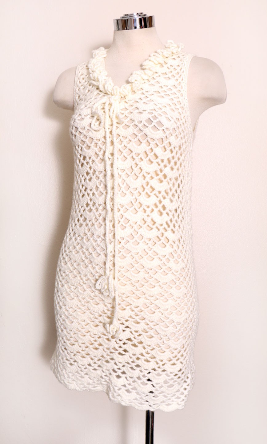60’s White Crochet Shift Dress Mod Hippie Vintage, Small, 1960’s sheer