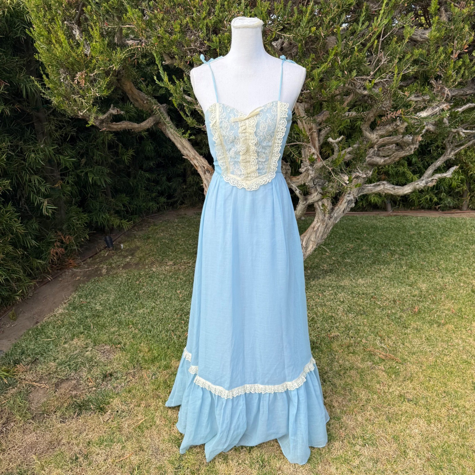 Vintage Candi Jones California Blue Lace Prairie Maxi Dress Cottagecore Boho 7