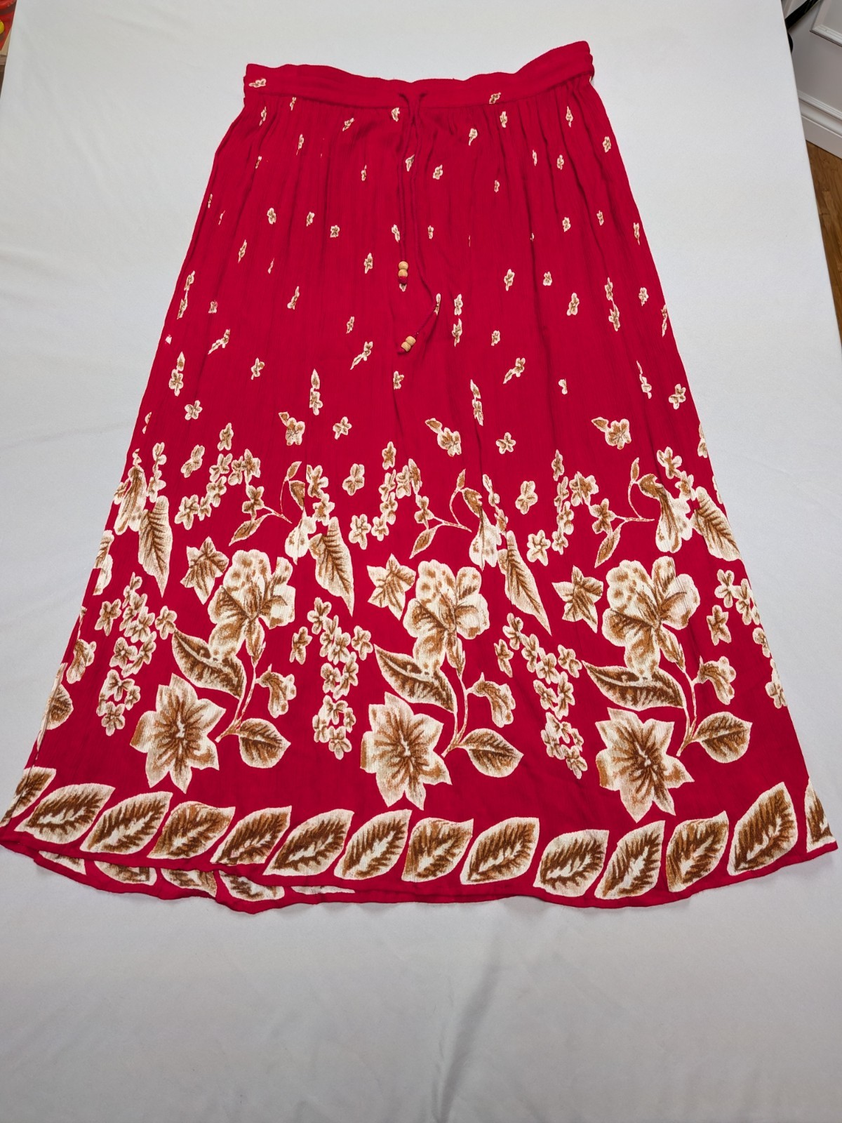 Liz Baker Vintage 90s Red Floral Midi Skirt Elastic Waist Cottagecore