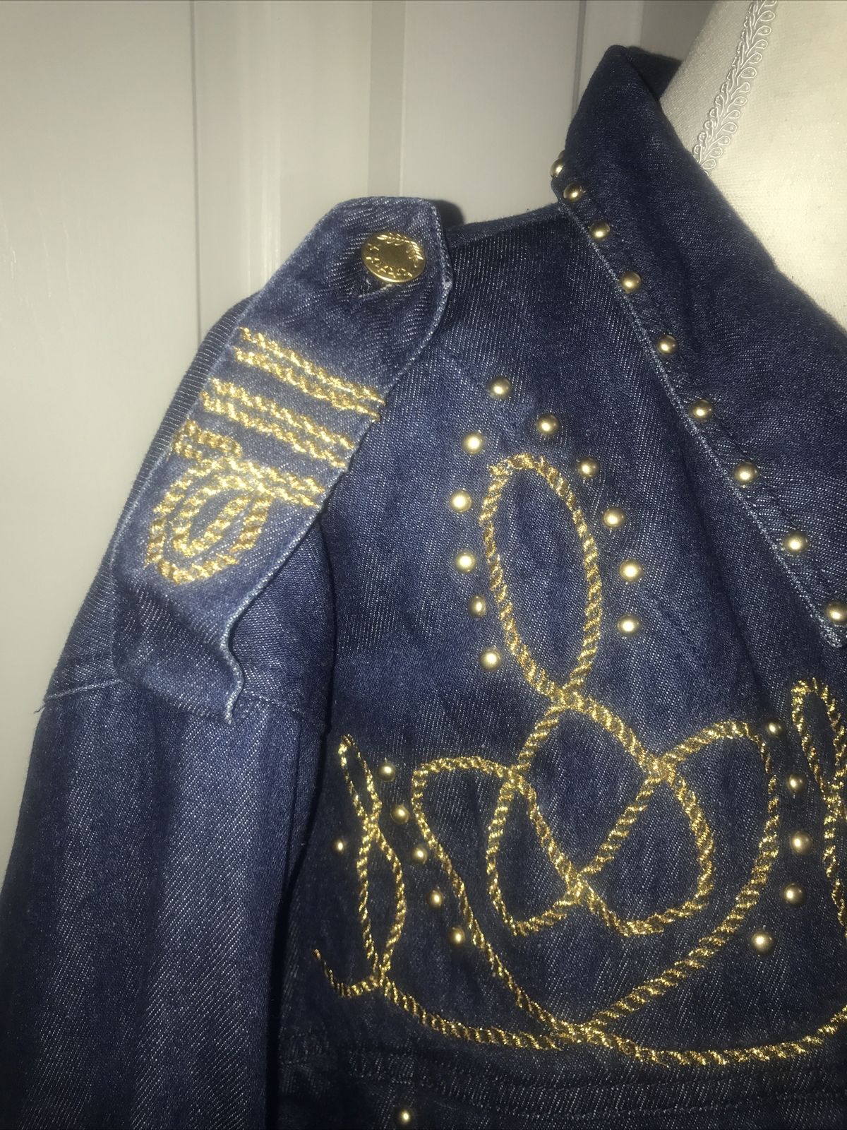 VTG CAROLE LITTLE Jacket Denim Blue Gold Studs/Rope Embroidery Size 14? (READ)