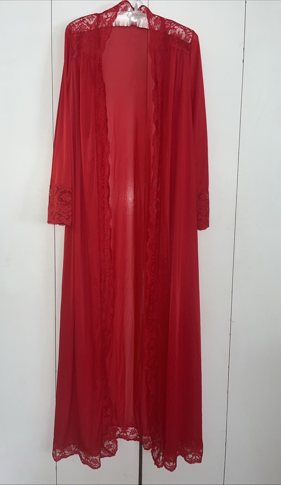 VTG OLGA Red Satin Robe Lace Trim Medium Style 9702 Long Nightgown Peignoir