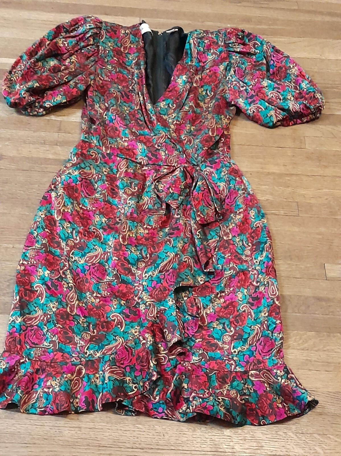 Vintage 80s Silk Feminine Elegant Ruffle Hem Puff Sleeve Sz 8 Floral Midi Dress
