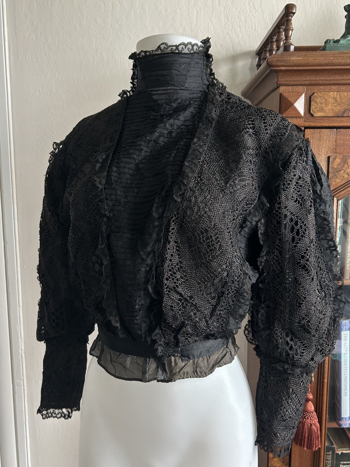 1890s Lace Black Victorian Blouse High Neck Antique Bodice Mourning Gothic XS