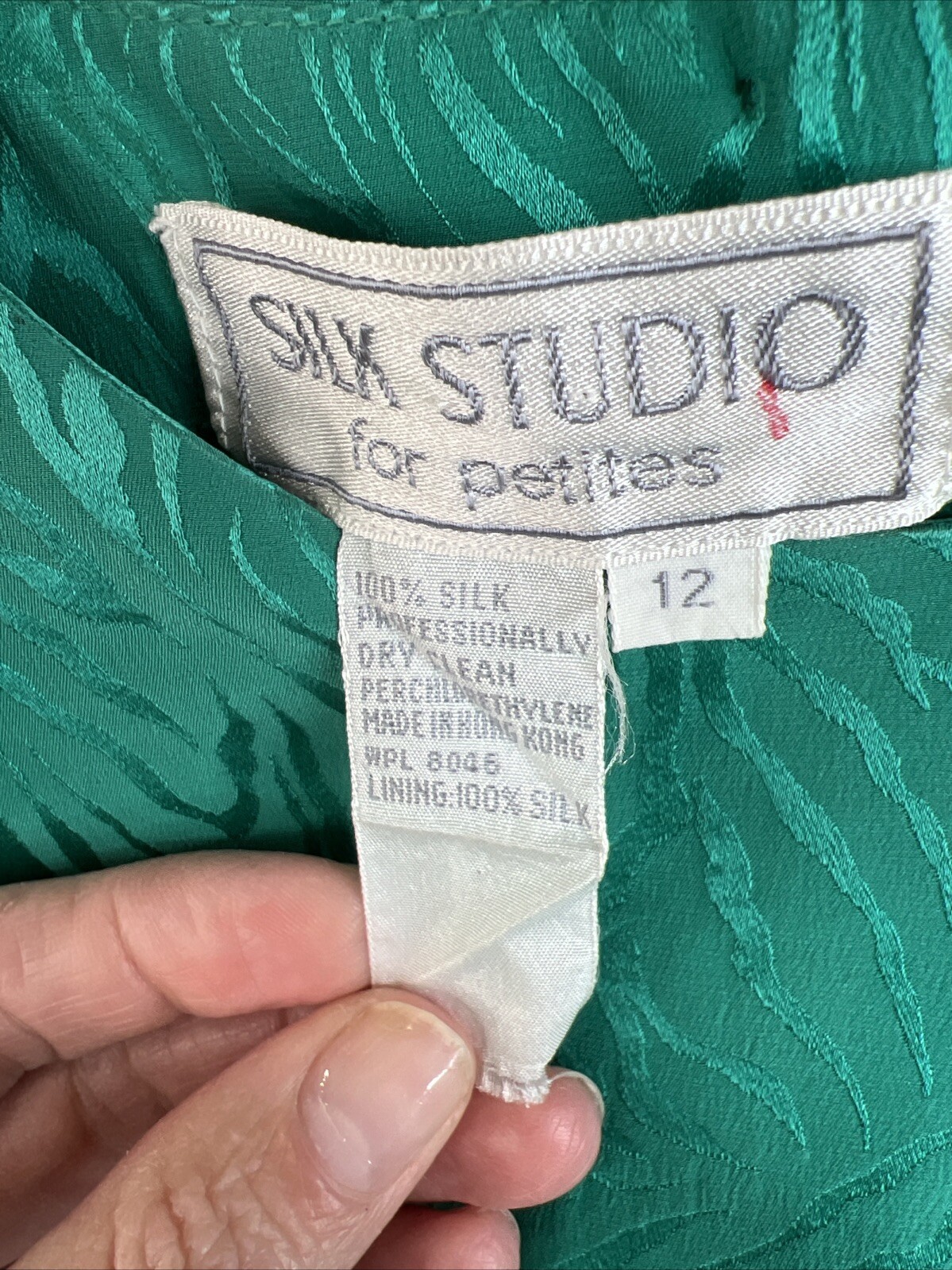 Vintage 1980s Silk Studio 100% Silk Green Black Peplum Dress Size 12 Petite