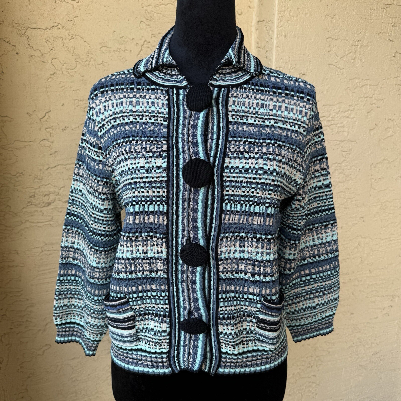 Ball Of Cotton Woman Striped Cardigan M Multicolor 3/4 Sleeve Buttons Pockets