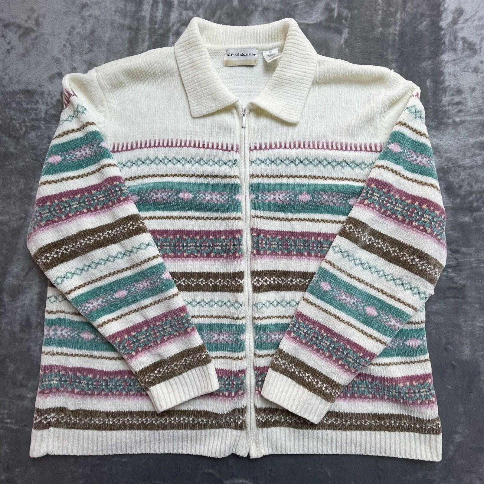 Alfred Dunner Sweater 2X Chenille Pastel Teal Pink Coastal Grandma Cottage