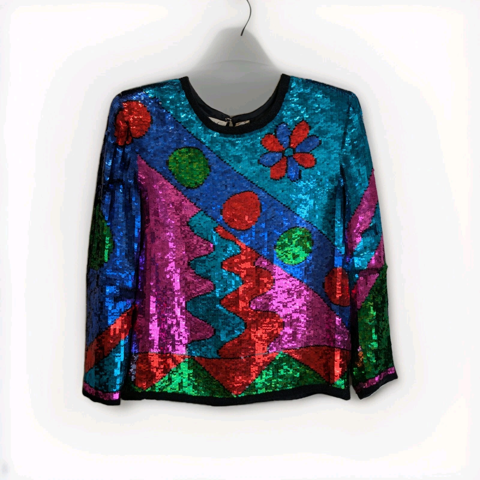 1980’s Vintage Avalon 100% Silk Kitschy Multi Color Bright Sequence Top LG