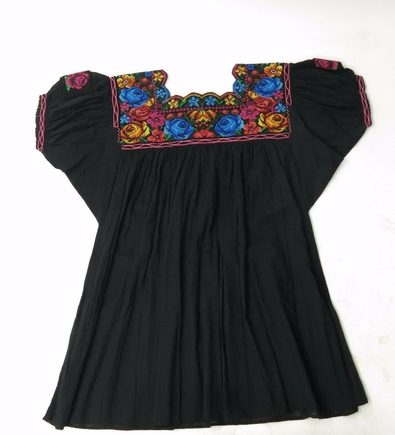 Vtg 70s Cotton Gauze Black Artsy Heavy Embroidered Hippy Boho Festival Top M