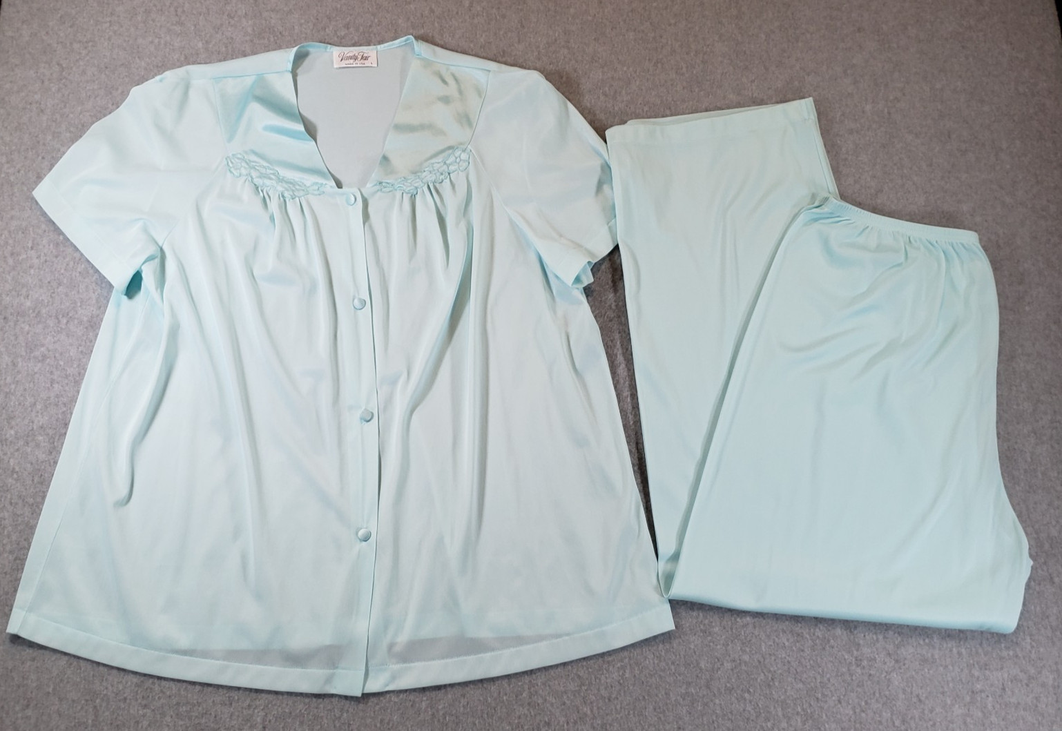 Vintage Vanity Fair Pajama Set Womens Teal Size L Top and Pants Nylon Made USA