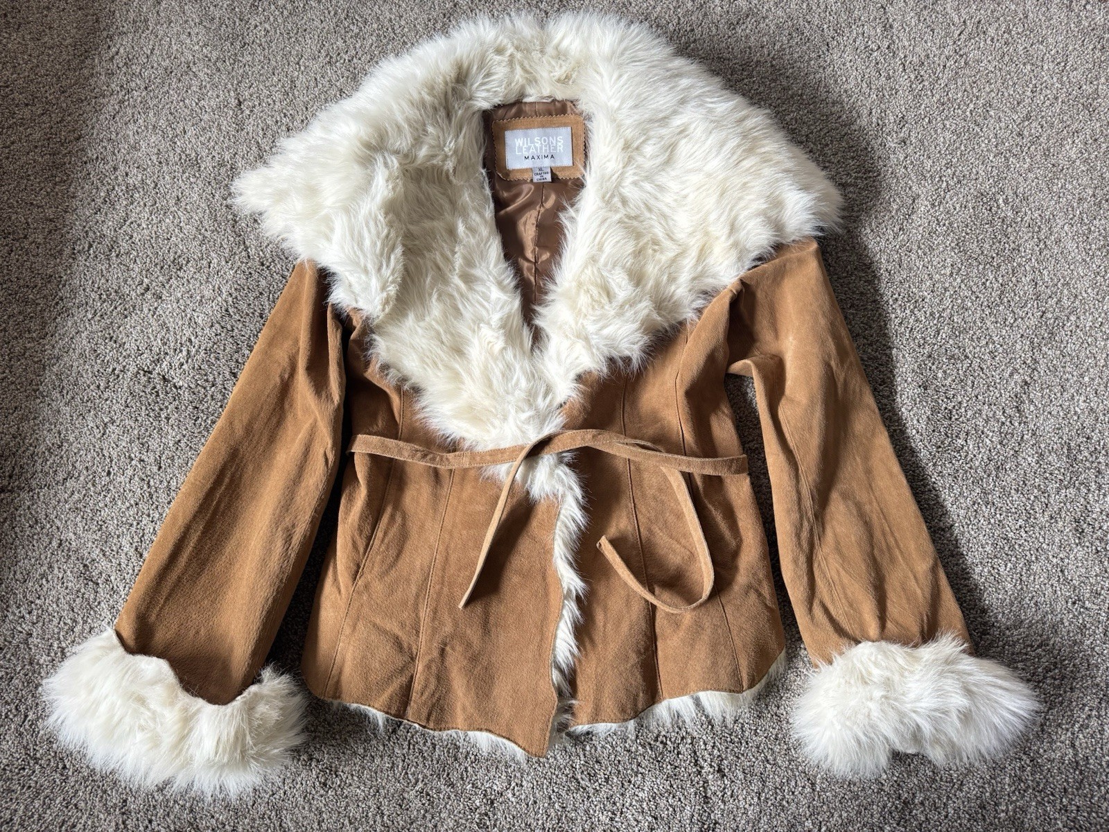 Y2K Vintage Wilsons Leather Suede Jacket Penny Lane Boho Faux Fur XL Afghan Crop