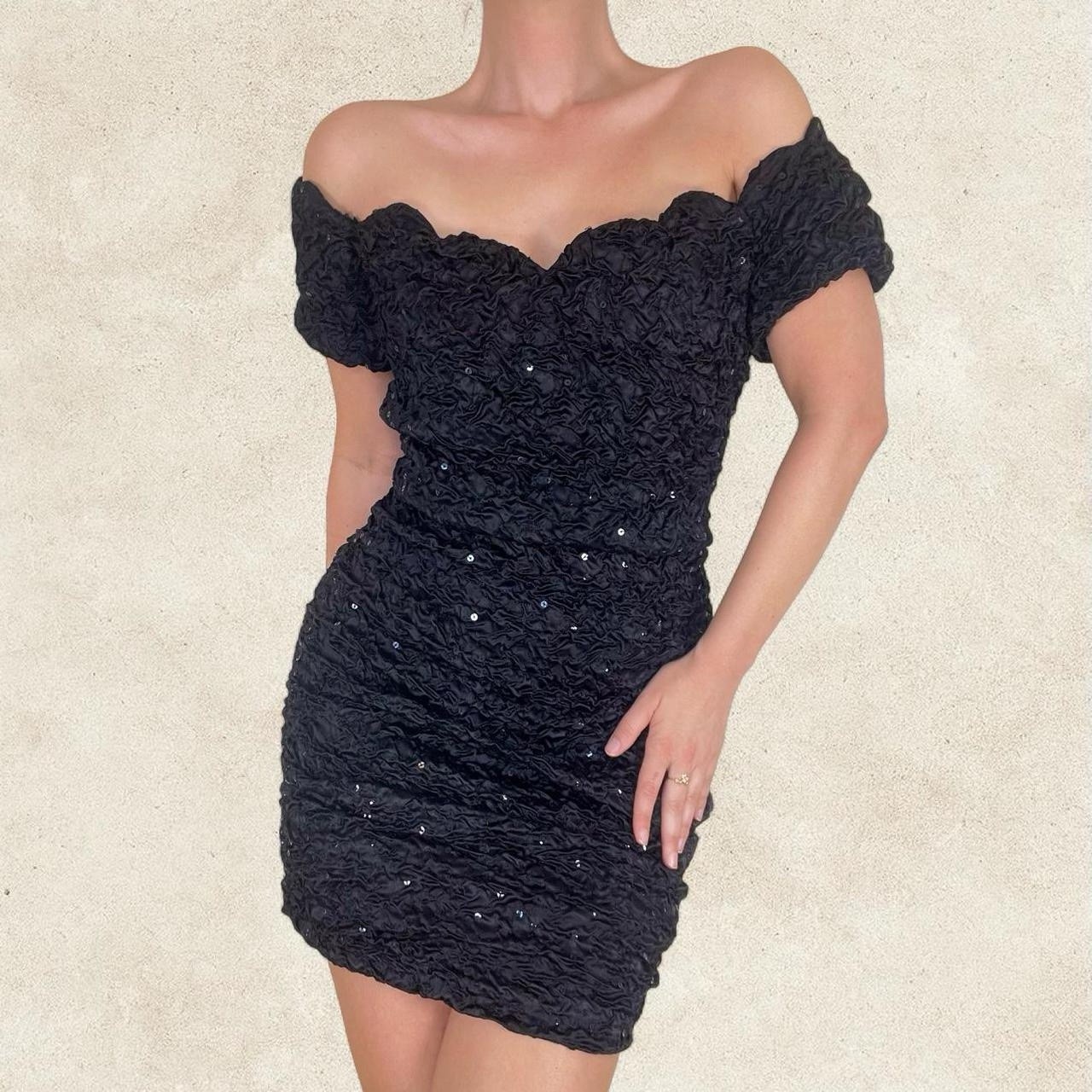 Vintage 90s Steppin’ Out Black Sequin Mini Dress Off Shoulder Bardot Formal LBD