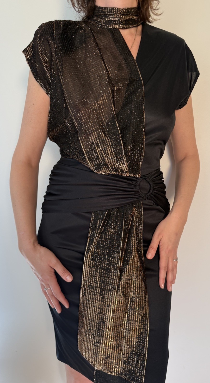 Vintage 1980’s Gold Metallic High Neck Drapey Cocktail Dress Glam Sexy 9/10 USA