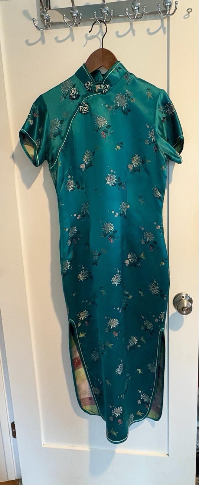 Solz Squirrel Qipao Cheongsam Teal Rayon Vintage Wiggle Dress 70s Size 38 6-8
