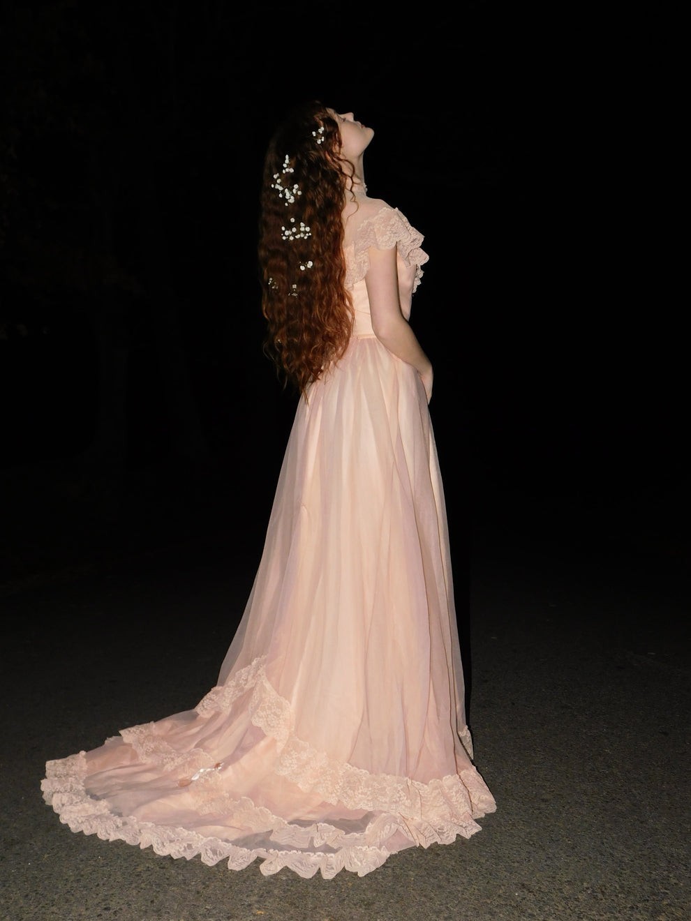 1970s Vintage Salmon Pink Lace High Neck Prairie Princess Gown